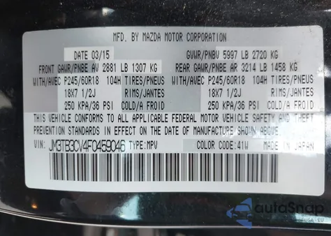 2015 Mazda Cx-9 Touring from USA, damaged, VIN JM3TB3CV4F0459046